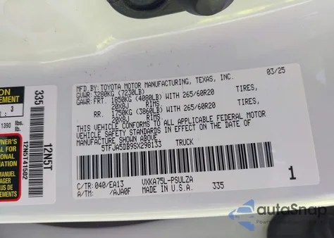 2025 Toyota Tundra Limited 4Wd z USA, uszkodzony, nr VIN 5TFJA5DB9SX298133
